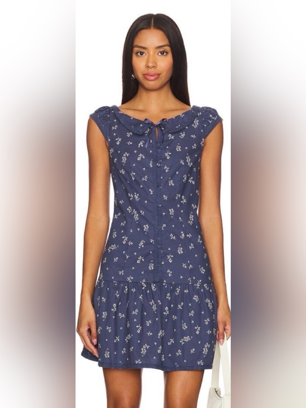Free People Navy Floral Cap-Sleeve Mini Dress